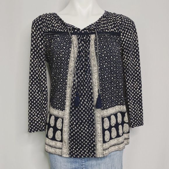 Lucky Brand Tops - Lucky Brand Blue Boho Peasant Tassle Blouse Sz M